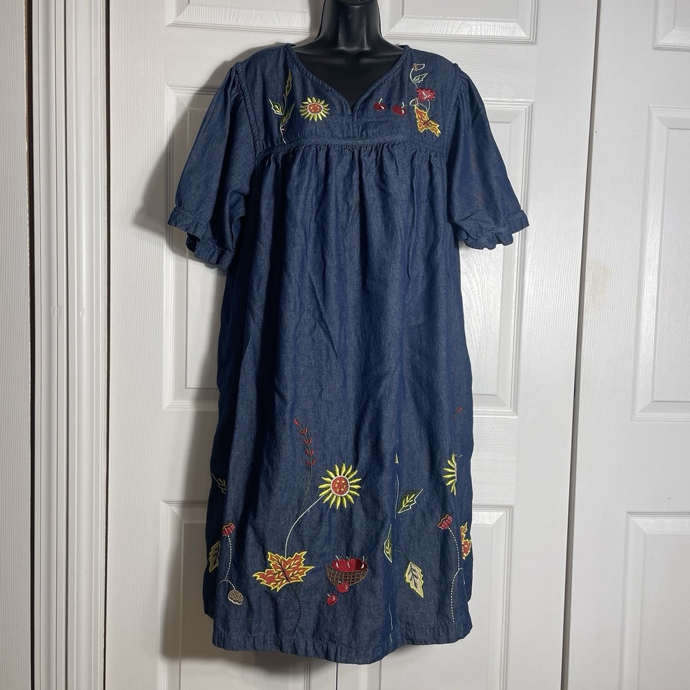 Vintage Natural Emboidered Floral Patio Dress Women 2X Blue 100% Cotton Y2K Boho